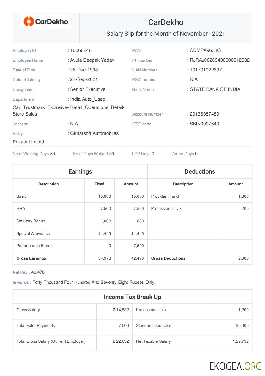 Modèle de fiche de paie CarDekho aux formats Word et PDF.pdf, 1